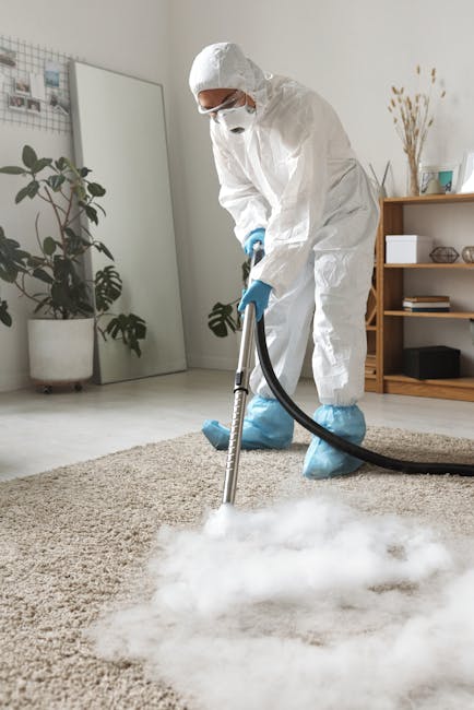 A person dressed in full protective white coveralls, including a hood, face mask, and blue gloves, is performing surface cleaning on a beige, textured carpet in a well-lit living room. The individual is using a industrial-grade vacuum or steam cleaning machine to conduct deep cleaning or sanitisation, with visible white steam or cleaning vapour emanating from the device's nozzle. The room features a wooden shelving unit with books and decorative items, a tall mirror leaning against the light-colored wall, and various potted plants, all suggesting a domestic setting. Bright natural light illuminates the space, highlighting the clean and tidy condition of the surroundings, which are maintained by professional cleaning services. This image reflects the focus of Islington Carpet Cleaning on advanced and hygienic carpet and surface cleaning solutions for homes.