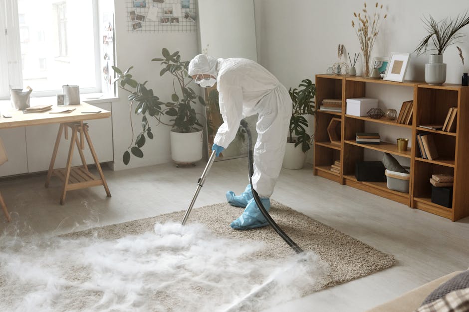 A person kneeling on a patterned carpet in a domestic setting, using a yellow portable vacuum cleaner for surface cleaning. The individual is wearing a beige shirt and blue jeans, and is focused on the task, with the vacuum's hose and open dust compartment visible. The room has warm lighting, highlighting the clean and well-maintained condition of the carpet, which displays an intricate floral design. This scene illustrates a routine cleaning process aligned with domestic carpet maintenance, as serviced by Islington Carpet Cleaning for same-day emergency cleaning needs.